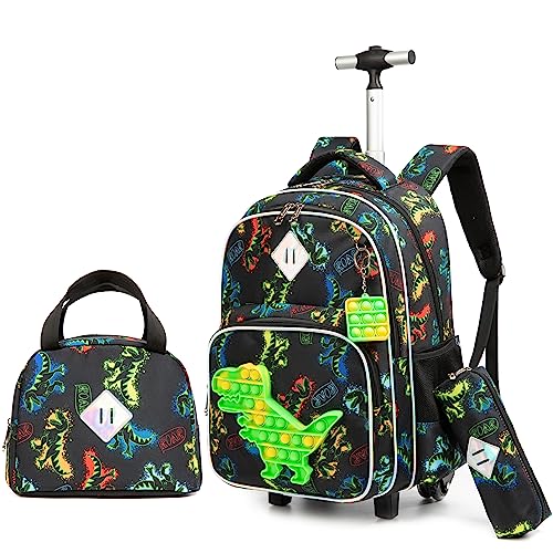 HTgroce Pop it Trolley Rucksack Kinder Jungen, Dinosaurier Kinder Trolley Schultasche mit Rollen Rucksack Schultrolley Rucksäcke Kinder Schulrucksack Schulranzen mit Rollen Schultasche von HTgroce