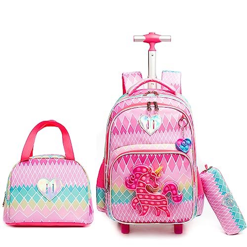 HTgroce Rollrucksack Schulranzen mit Rollen 1. klasse für Mädchen Pop it Rucksack Zoll Set 3 in 1 mit Lunch Bag und Mäppchen Pop Fidget Bag von HTgroce