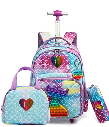 HTgroce Rollrucksack Schulranzen mit Rollen für Mädchen Pop it Rucksack 16 Zoll Set 3 in 1 mit Lunch Bag und Mäppchen Pop Fidget Bag Geschenk für Kinder. von HTgroce