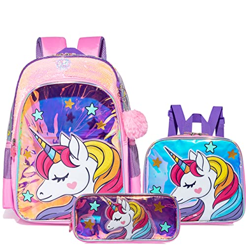 HTgroce Rosa Mädchen Schultasche Schulrucksack Kinder Niedlich Einhorn Rucksack 3 Teile Kinderrucksack Set Schulrucksack mit Lunchpaket Tasche Mäppchen von HTgroce