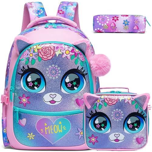 HTgroce Rucksack mit Federmäppchen Lunch Tasche 3 in 1 Schulranzen für Mädchen, Schultaschen-Sets für Kinder Schüler von HTgroce