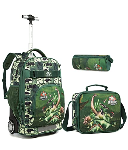 HTgroce Rucksack mit Rollen Rucksack mit Rollen für Dinosaurier für Jungen und Mädchen Freizeit Reisegepäck 3 in 1 Schulrucksack, Lunchbag, Pencil Bag von HTgroce