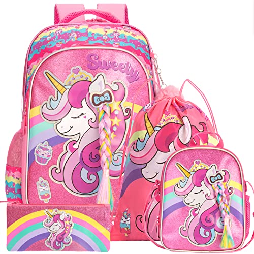 HTgroce Schulranzen Mädchen Einhorn Kinderrucksac Rucksäcke Kinder Schulrucksack Mädchen Teenager Schultasche mit Ergonomischem Design Rucksack Campus Backpack mit Federmäppchen Lunchpaket Set. von HTgroce