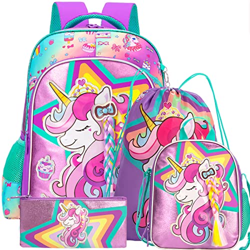 HTgroce Schulranzen Mädchen Einhorn Kinderrucksac Rucksäcke Kinder Schultasche mit Ergonomischem Design Rucksack Campus Backpack mit Federmäppchen Lunchpaket Set Schulrucksack Mädchen Teenager. von HTgroce