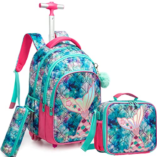 HTgroce Schulranzen Mädchen Schultasche mit Rollen Meerjungfrau Rucksack Trolley Rucksack mit Rollen Schulranzen mit Rollen für Mädchen Trolley Kinder Mädchen Rucksäcke Kinder Schultasche-Set. von HTgroce