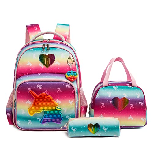 HTgroce Schulranzen Mädchen für Mädchen Pop it Rucksack Schulranzen Mädchen Set 3 in 1 mit Lunch Bag und Mäppchen Pop Fidget Bag. von HTgroce