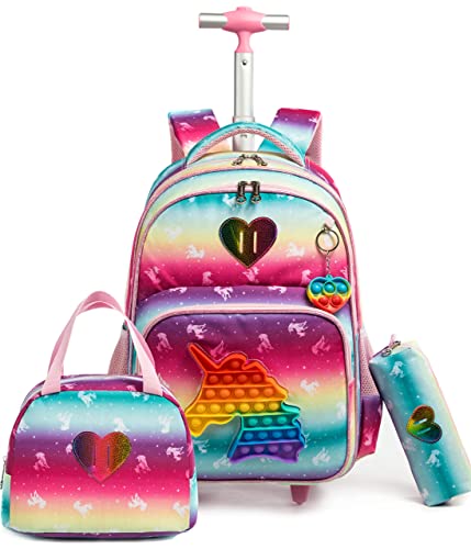 HTgroce Schulranzen Mit Rollen Rollrucksack Schulranzen mit Rollen für Mädchen Pop it Rucksack mit Lunch Bag und Mäppchen von HTgroce