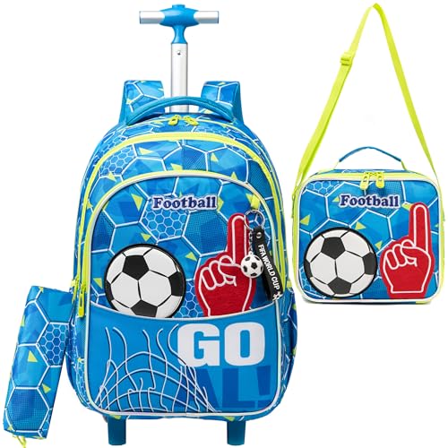 HTgroce Schulranzen Mit Rollen Rucksack Mit Rollen Rolling Backpack Trolley Kinder Schultasche Mit Rollen Fußball von HTgroce