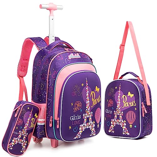 HTgroce Schulranzen Rucksack Trolley mit 2 Rollen für Kinder Mädchen,Schulranzen mit Rollen für Mädchen,Kinder Schultrolley Geeignet für Schule und Reise,Mit Essensbeutel und Federmäppchen. von HTgroce