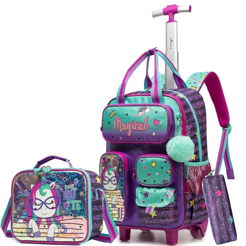 HTgroce Schulranzen Trolley Mädchen Kinder Schulranzen Mit Rollen Trolley Schulranzen Rucksack Mit Rollen Schulrucksack Trolley Schultrolley Reisetasche mit Rollen von HTgroce