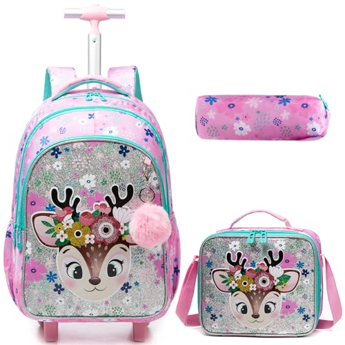 HTgroce Schulranzen Trolley Mädchen Kinder Schulranzen Mit Rollen Trolley Schulranzen Rucksack Schulrucksack Trolley Schultrolley Schulranzen Mädchen Girls School Bag Trolley von HTgroce