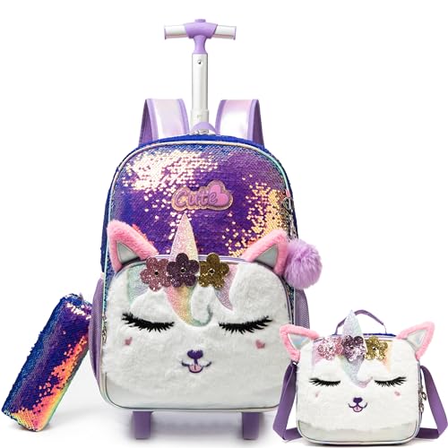 HTgroce Schulranzen Trolley Mädchen Meerjungfrau Rolling Backpack for Girls Einhorn Rucksack Mit Rollen 2. klasse von HTgroce