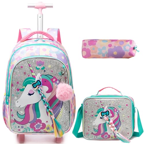 HTgroce Schulranzen Trolley Mädchen Rolling Backpack for Girls Einhorn Rucksack Mit Rollen 2. klasse von HTgroce
