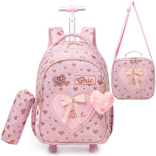 HTgroce Schulranzen mit Rollen für Mädchen, Kinderrucksack mit Rollen Trolley Rolling Backpack Rucksack Trolley Handgepäck von HTgroce