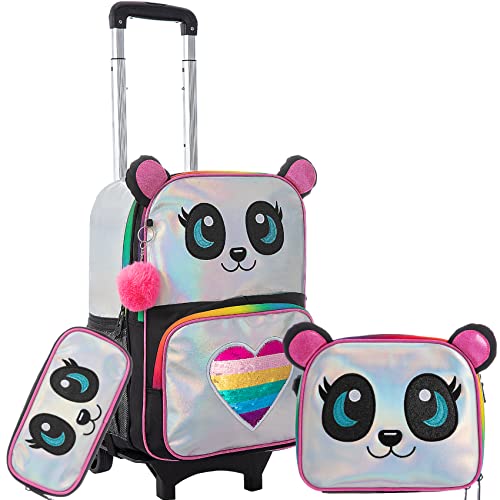 HTgroce Schulranzen mit Rollen für Mädchen Cute Panda Print & brotdose für Schulkinder Jungen Mädchen Lunch Box Tasche mit verstellbaren von HTgroce