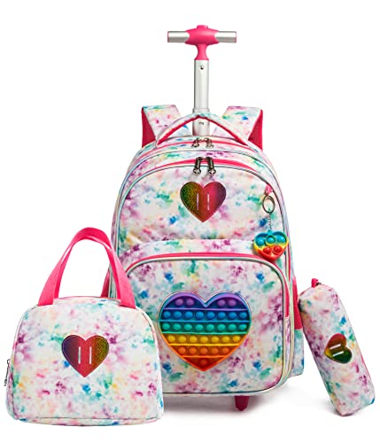 HTgroce Schulranzen mit Rollen für Mädchen Pop it Rucksack 16 Zoll Set 3 in 1 mit Lunch Bag Kindergarten Fidget Toys Geschenke für Kinder. von HTgroce