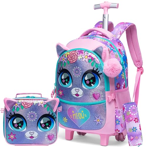 HTgroce Schulrucksack Trolley Mädchen 7 Jahre Schulranzen Mit Rollen Rucksack Mit Brotzeittasche und Federmäppchen von HTgroce