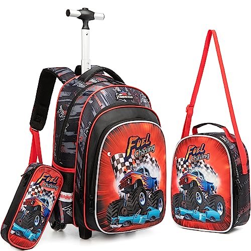 HTgroce Schultasche Jungen Trolley, Kinder Trolley Schultasche mit Rollen Rucksack Schultrolley Rucksäcke Kinder Schulrucksack Rennauto Schulranzen mit Rollen von HTgroce