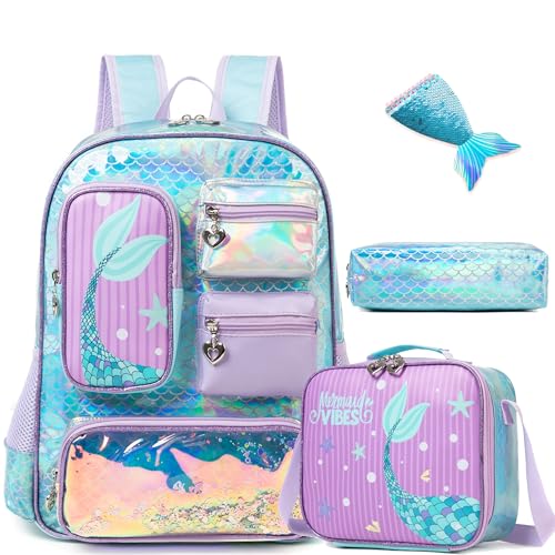HTgroce Schultasche Mädchen 1. klasse, Meerjungfrau Rucksack Mädchen, Schulranzen-Set für Mädchen Rucksäcke für Grundschulmädchen, Schulrucksack mit Lunchpaket Backpack for Girls von HTgroce