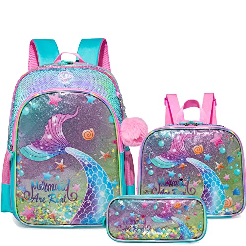 HTgroce Schultasche Mädchen 1. klasse, Meerjungfrau Rucksack Mädchen, Schulranzen-Set für Mädchen Rucksäcke für Grundschulmädchen, Schulrucksack mit Lunchpaket von HTgroce