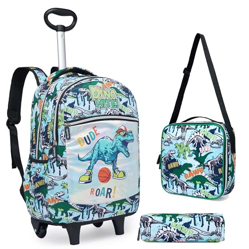 HTgroce Trolley Rucksack Kinder Jungen, Dinosaurier Kinder Trolley Schultasche mit Rollen Rucksack Schultrolley Rucksäcke Kinder Schulrucksack Schulranzen mit Rollen Schultasche von HTgroce