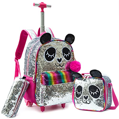 HTgroce Trolley Rucksack Kinder Mädchen,Panda 3 in 1 Kinder Trolley Schultasche mit Rollen Rucksack Schultrolley 16inch Rucksäcke Kinder Schulrucksack Schulranzen mit Rollen Schultasche Mädchen. von HTgroce