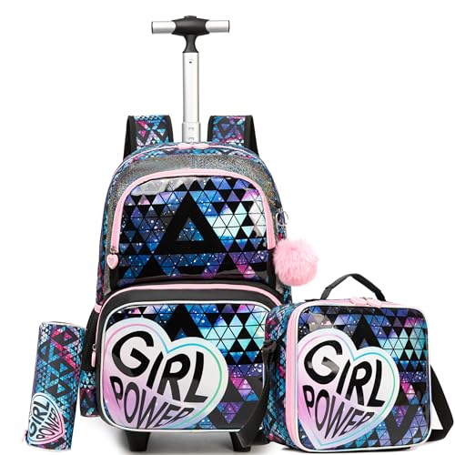 HTgroce Trolley Rucksack Mit Rollen, Federmäppchen, LunchTasche 3 in 1 Leicht Rolling Schulranzen für Mädchen, Schultaschen Trolley Sets von HTgroce