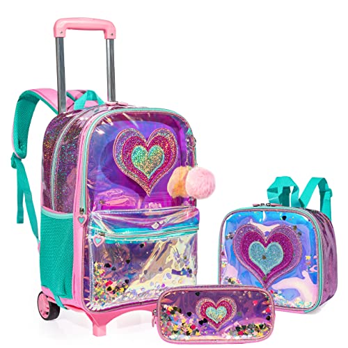 HTgroce Trolley Rucksack mit Rollen, Federmäppchen, Lunch Tasche 3 in 1 Rolling Schulranzen für Mädchen, Liebe Schultaschen-Sets Ideal für Kinder Schüler der Klassen 2-6 von HTgroce