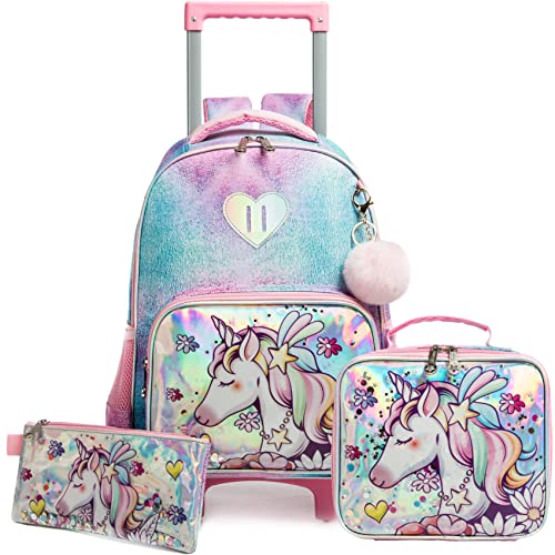 HTgroce Trolley Schultasche Mädchen Einhorn Schulrucksack mit Rollen 3 in 1 Kind Trolleytaschen-Set Schule Roulette Reise Kinder Schulranzen Mädchen Teenager von HTgroce