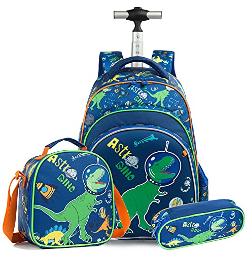 HTgroce Dinosaurier Jungen Mädchen Rollrucksack,Rucksack mit Rädern für Mädchen Jungen Kinder Grundschüler,Trolley Schultaschen Wasserabweisendes Reisegepäck mit Rädern Lunchbag und Federmäppchen. von HTgroce