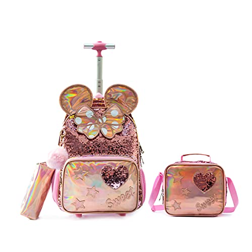 HTgroce Schultasche mit Rollen Kinder Mädchen Rucksack 16 inch Schulrucksack mit Rollen, 3 in 1 Büchertasche Set Perfekter Kinderrucksack für Mädchen Teenager Mickey. von HTgroce