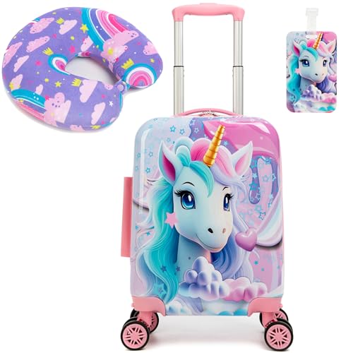 Kinderkoffer mit Nackenkissen Set Handgepäck Leicht Handgepäck Koffer Trolley Mädchen Rollkoffer für Kinder von HTgroce