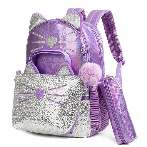 Lila Kinderrucksack Mädchen, Katzen Rucksack Kindergarten, Schulranzen Mädchen 1 - 5. klasse, Leichte und Schultasche für Kinder im Alter von Jahren von HTgroce