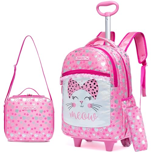 Rucksack Mit Rollen Katzen Kinder Rucksack mit Rädern 3 in 1 Schulranzen Trolley Set Schultasche mit Mittagessen Trolley Handgepäck Rucksack mit Rädern von HTgroce