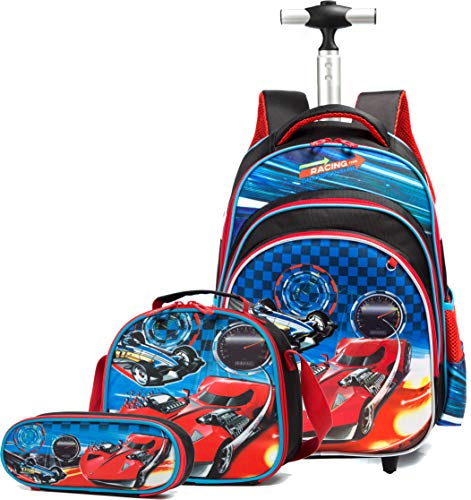 HTgroce Schultrolley für Mädchen Junge Trolley Rucksack Cars Schulranzen,Schulrucksack Rennwagenmotiv Muster 3 Teile Set mit Rollen für Kinder Junge und Mädchens Klasse 1-5. von HTgroce