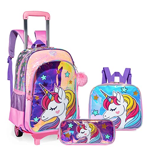 Trolley Schulranzen Unicorn Rucksack mit Rollen für Mädchen, Transparente Trolley Schulranzen 3-teiliges Set, Kinder Schulrucksack mit Rollen für Schulreisen, Klasse 3-5 von HTgroce