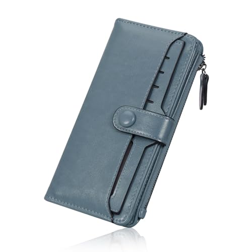 HUA ANGEL Damen-Ledergeldbörse, lang, dünn, Kreditkartenhalter, doppelte Clutch, große Kapazität, Organizer mit Schnalle, Blau von HUA ANGEL