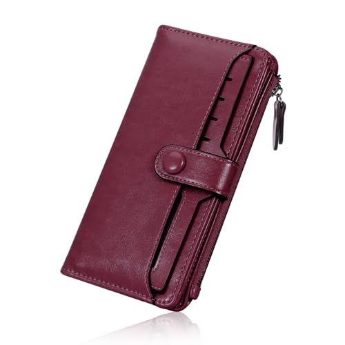 HUA ANGEL Damen-Ledergeldbörse, lang, dünn, Kreditkartenhalter, doppelte Clutch, große Kapazität, Organizer mit Schnalle, Fuchsia von HUA ANGEL