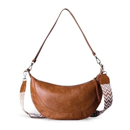 HUA ANGEL Umhängetasche Damen Hobo Tasche PU Leder Große Halbmond Tasche Crossbody Mit Breitem Band Vintage Schultertasche Damen Crossbag Gross Arbeit Shopper von HUA ANGEL