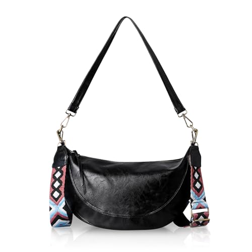 HUA ANGEL Umhängetasche Damen Hobo Tasche PU Leder Große Halbmond Tasche Crossbody Mit Breitem Band Vintage Schultertasche Damen Crossbag Gross Arbeit Shopper von HUA ANGEL