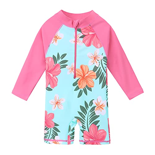 HUAANIUE 1-Teiliger Badeanzug Mädchen Baby Anti-UV UPF 50+ Baby Mädchen Einteiliger Badeanzug mit Reißverschluss Langen Ärmeln 1 Monat-6 Jahre (S292-Cyan Blume, 5-6 Jahre) von HUAANIUE