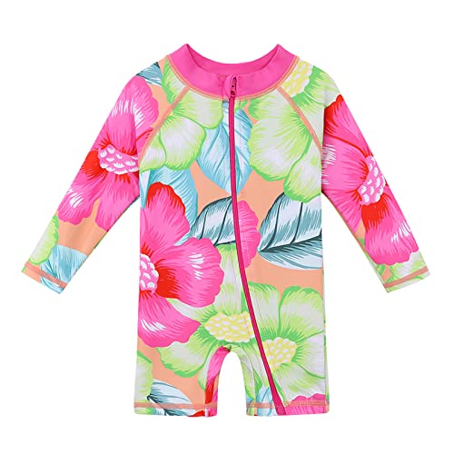 HUAANIUE 1-Teiliger Badeanzug Mädchen Baby Anti-UV UPF 50+ Baby Mädchen Einteiliger Badeanzug mit Reißverschluss Langen Ärmeln 1 Monat-6 Jahre (S292-Grün Leuchtend Rosa, 1 Jahr-2 Jahre) von HUAANIUE