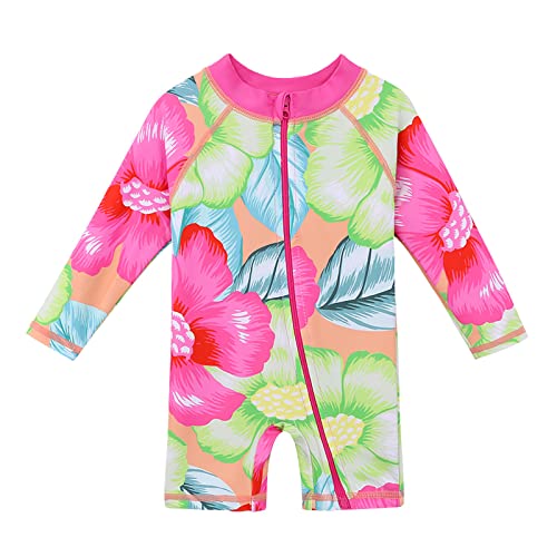 HUAANIUE 1-Teiliger Badeanzug Mädchen Baby Anti-UV UPF 50+ Baby Mädchen Einteiliger Badeanzug mit Reißverschluss Langen Ärmeln 1 Monat-6 Jahre (S292-Grün Leuchtend Rosa, 5-6 Jahre) von HUAANIUE