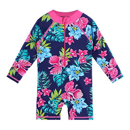 HUAANIUE 1-Teiliger Badeanzug Mädchen Baby Anti-UV UPF 50+ Baby Mädchen Einteiliger Badeanzug mit Reißverschluss Langen Ärmeln 1 Monat-6 Jahre (S308-Marine Blau Blume, 3-4 Jahre) von HUAANIUE