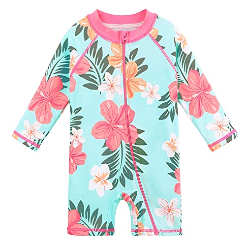 HUAANIUE 1-Teiliger Badeanzug Mädchen Baby Anti-UV UPF 50+ Baby Mädchen Einteiliger Badeanzug mit Reißverschluss Langen Ärmeln 1 Monat-6 Jahre (S308-Volle Cyan Blume, 6-12 Monate) von HUAANIUE