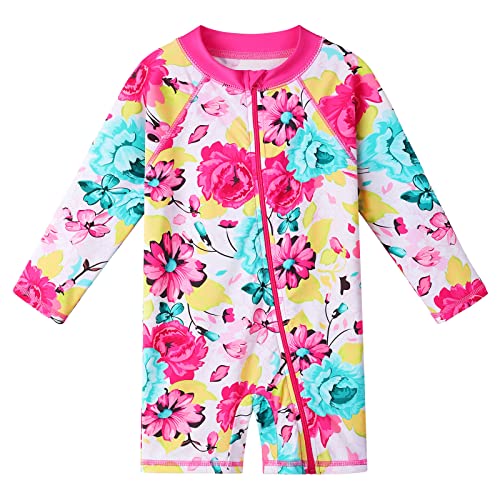 HUAANIUE 1-Teiliger Badeanzug Mädchen Baby Anti-UV UPF 50+ Baby Mädchen Einteiliger Badeanzug mit Reißverschluss Langen Ärmeln 1 Monat-6 Jahre (S405-Weiße Blume, 3-4 Jahre) von HUAANIUE