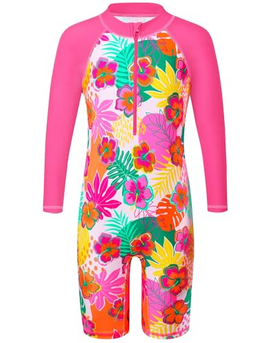 HUAANIUE 1-Teiliger Badeanzug Mädchen Kinder Anti-UV UPF 50+ Kinder Mädchen Einteiliger Badeanzug Langen Ärmeln mit Reißverschluss 2-14 Jahre (S310-Knallrosa Blume, 8-10 Jahre) von HUAANIUE