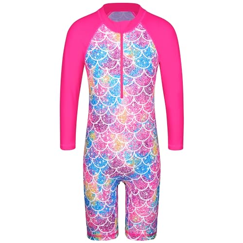 HUAANIUE 1-Teiliger Badeanzug Mädchen Kinder Anti-UV UPF 50+ Kinder Mädchen Einteiliger Badeanzug Langen Ärmeln mit Reißverschluss 2-14 Jahre (S403-Magentaschuppen, 6-8 Jahre) von HUAANIUE