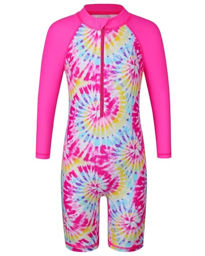 HUAANIUE 1-Teiliger Badeanzug Mädchen Kinder Anti-UV UPF 50+ Kinder Mädchen Einteiliger Badeanzug Langen Ärmeln mit Reißverschluss 2-14 Jahre (S469-Knallrosa Tie Dye,8-10 Jahre) von HUAANIUE
