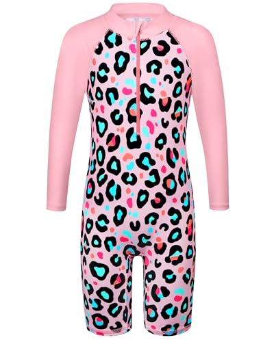 HUAANIUE 1-Teiliger Badeanzug Mädchen Kinder Anti-UV UPF 50+ Kinder Mädchen Einteiliger Badeanzug Langen Ärmeln mit Reißverschluss 2-14 Jahre (S487-Rosa Leopardenmuster,10-11 Jahre) von HUAANIUE